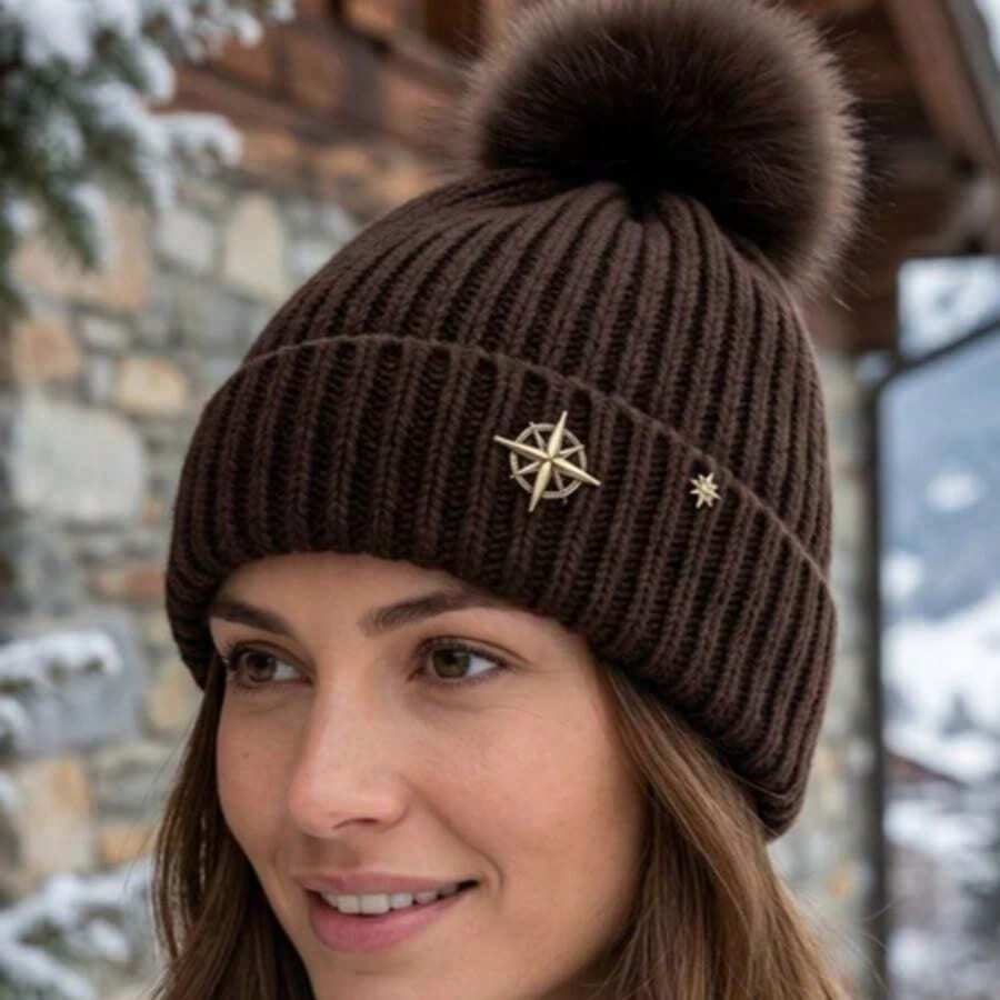 Women's Winter Thermal Hat With Glitter, Hypoallergenic, Lined With A Cute And Stylish Pom-Pom, Warm And Stylish. - MYA-39 marrom c/ detalhe - 查看 1