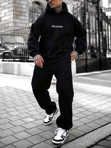 Men Letter Graphic Kangaroo Pocket Drop Shoulder Hoodie, Fall, Long Sleeve Top - Black - View 4