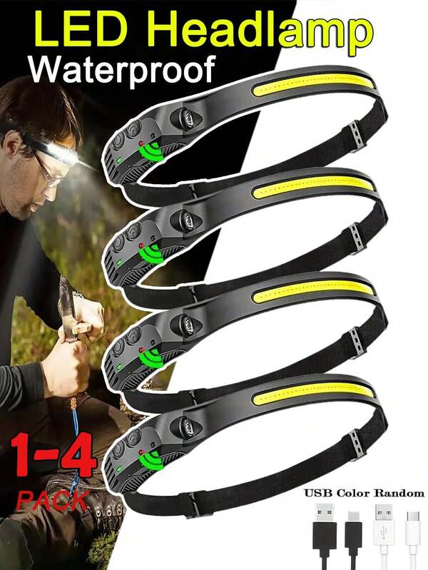 1 Stück wasserdichte, wiederaufladbare Stirnlampe mit 5 ultrahellen LED-Leuchten, 4 Beleuchtungsmodi, eingebauter 18650 Lithium-Akku 600mAh, starke Taschenlampe für Angeln, Nachtfahrten, verstellbarer Kopfumfang, sehr geeignet für Camping, Wandern
