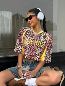 Blusa corta de verano para mujer con cuello en V y contraste de color con estampado de letras, suéter de punto de manga raglán con estampado en inglés amarillo, estilo deportivo - Multicolor 4 - Ver 1