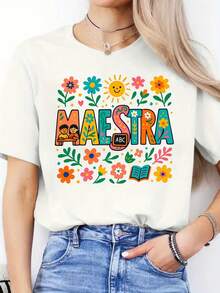 Women's Plus Size Floral Print Casual T-Shirt For Teachers, Short Sleeve, Round Neck, Perfect For Everyday Wear And For Thanking Teachers. - 白色 - 查看 1