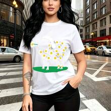 Camiseta de mujer con estampado de oveja divertida hecha de margaritas blancas y centro amarillo guiñando un ojo - camiseta casual de manga corta, ajuste cómodo y moderno, estilo urbano y whimsical para la calle - ideal para días soleados, salidas co - Blanco - Ver 10