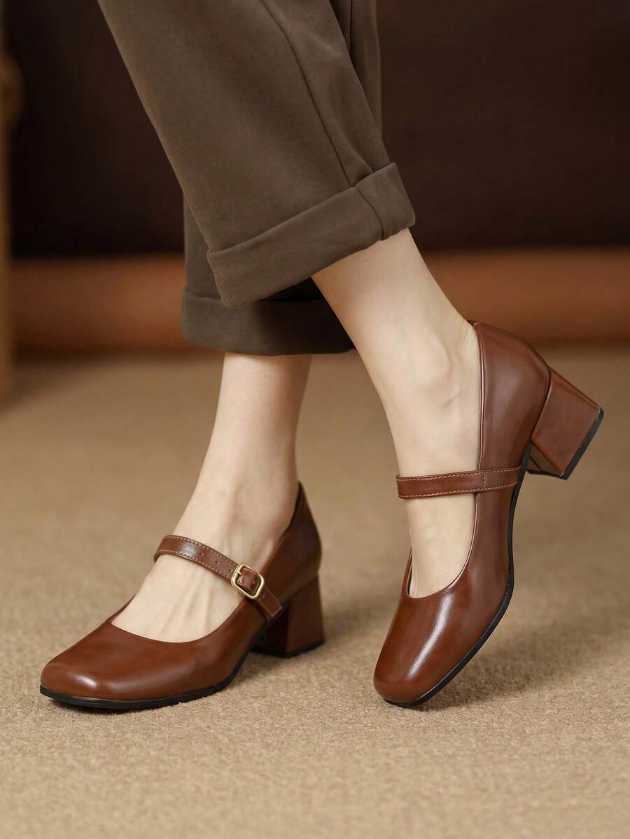 Mary Jane Women's Pump With Block Heel, Comfortable, Elegant, Minimalist, Macerata - Brown - View 1