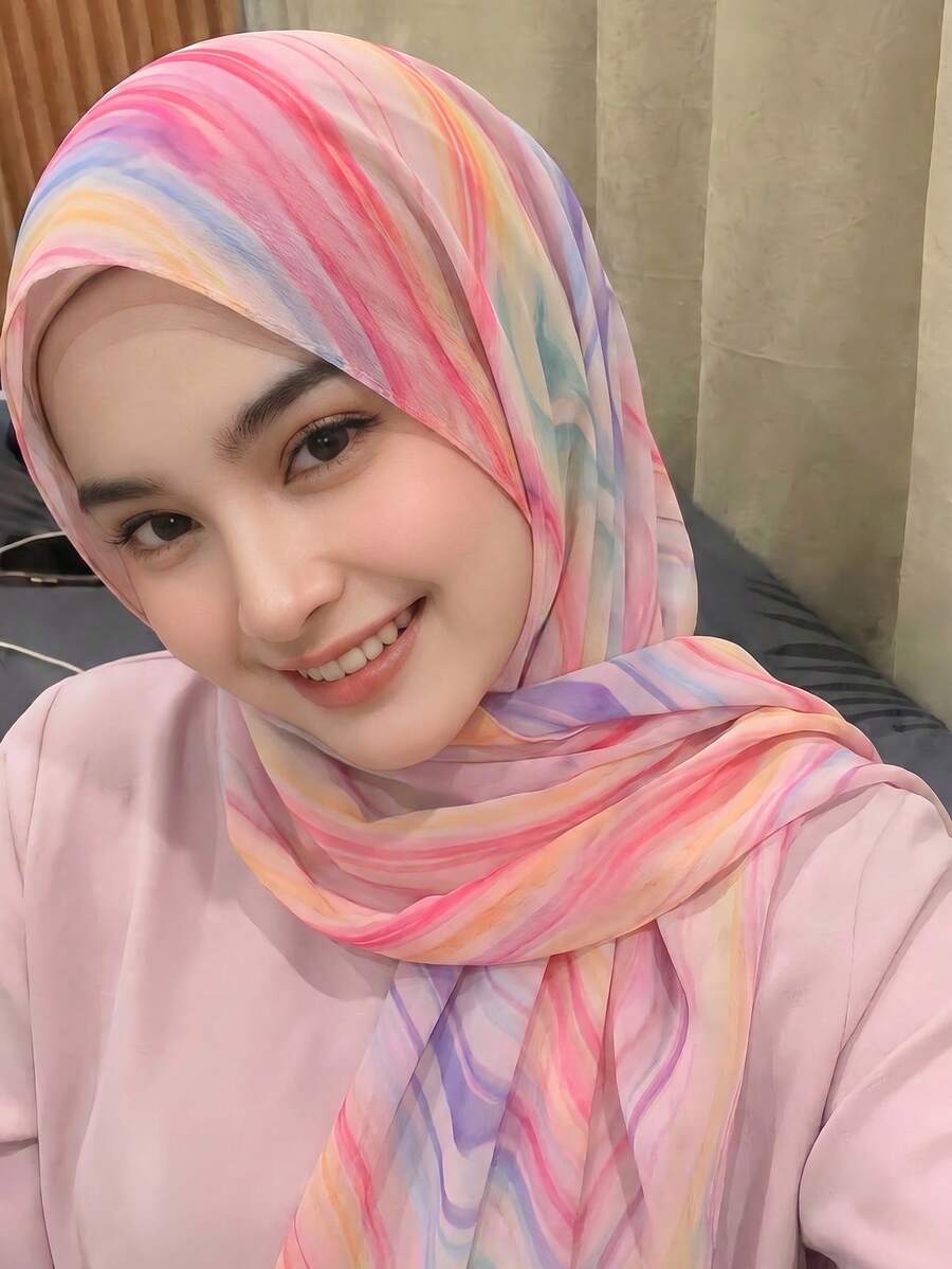 1PC Women's INS Style Rainbow Gradient Headscarf, Premium Digital Print Chiffon Printed Long Scarf, Lightweight Breathable All-Season Versatile Daily Wear - Rainbow Blending - View 1