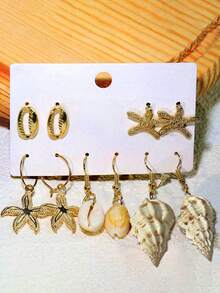 10pcs/12pcs Set Classic Starfish Shell Conch Bohemian Style Metal Earrings, Suitable For Party, Wedding, Daily Outfit, Beach Vacation - Multicolor - View 7