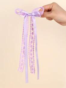 2件組女士紫色花卉蕾絲髮夾，附緞帶蝴蝶結長尾，優雅婚禮髮飾，母親節節日禮物 - 紫色 - 查看 3