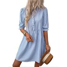 2025 Retro Sweet Style Puff Sleeve Stand Collar Striped Dress For Women Summer - Màu xanh lam - Xem 6
