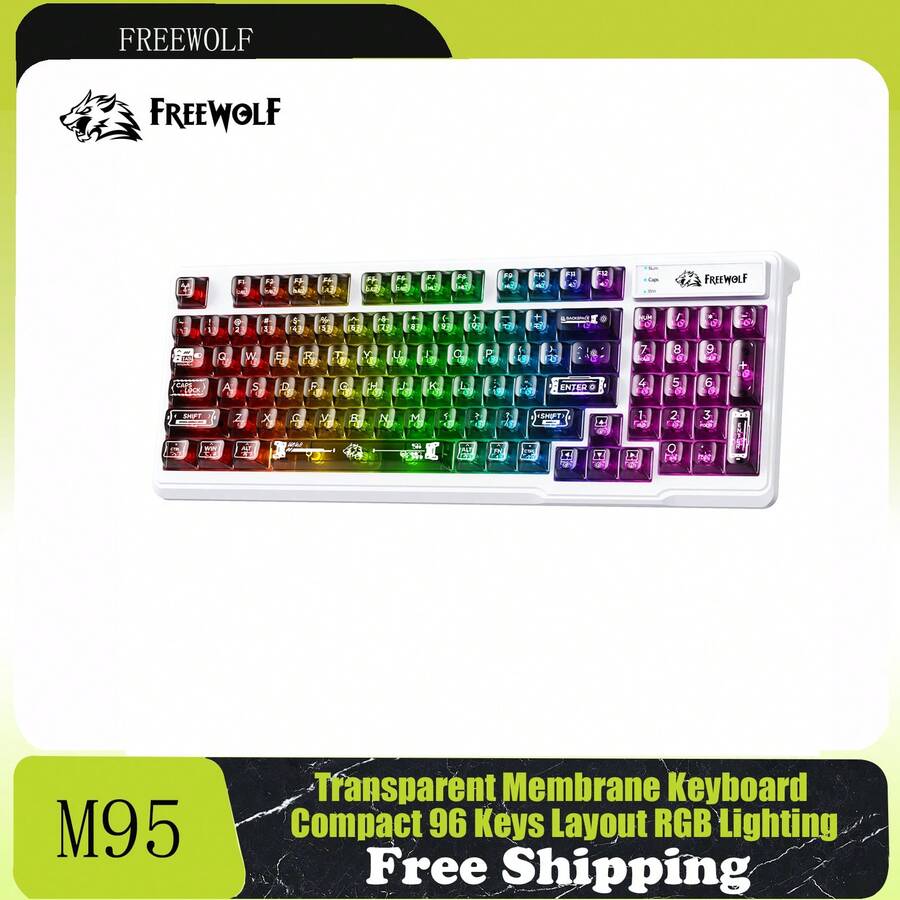 FREEWOLF M95 透明薄膜鍵盤配透明鍵帽,有線電競鍵盤 RGB 背光,94 顆靜音按鍵機械手感,26 鍵防鬼鍵,適用於 Windows - 查看 1