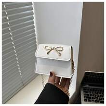 Bolso de cuero genuino para mujer, elegante bolso de mano y de hombro para oficina, citas y fiestas. Hermoso lazo, moderno, sencillo bolso bandolera cuadrado pequeño para mujer, 2026, nuevo, a la moda, elegante, de color sólido. - Blanco - Ver 2