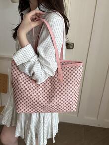 Fashion Solid Color Large Capacity Printed Tote Bag, Shoulder Bag, Suitable For Women Shopping, Commuting And Daily Use - Pink - View 4