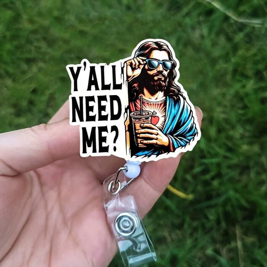 1pc Funny Retractable God ID Badge Reel, Humorous Jesus Badge Holder, Suitable For ICU Nurses, Doctors, Medical Staff, Office Workers, Back To School, Professional Teachers, Passport Clip - Multicolor - View 1