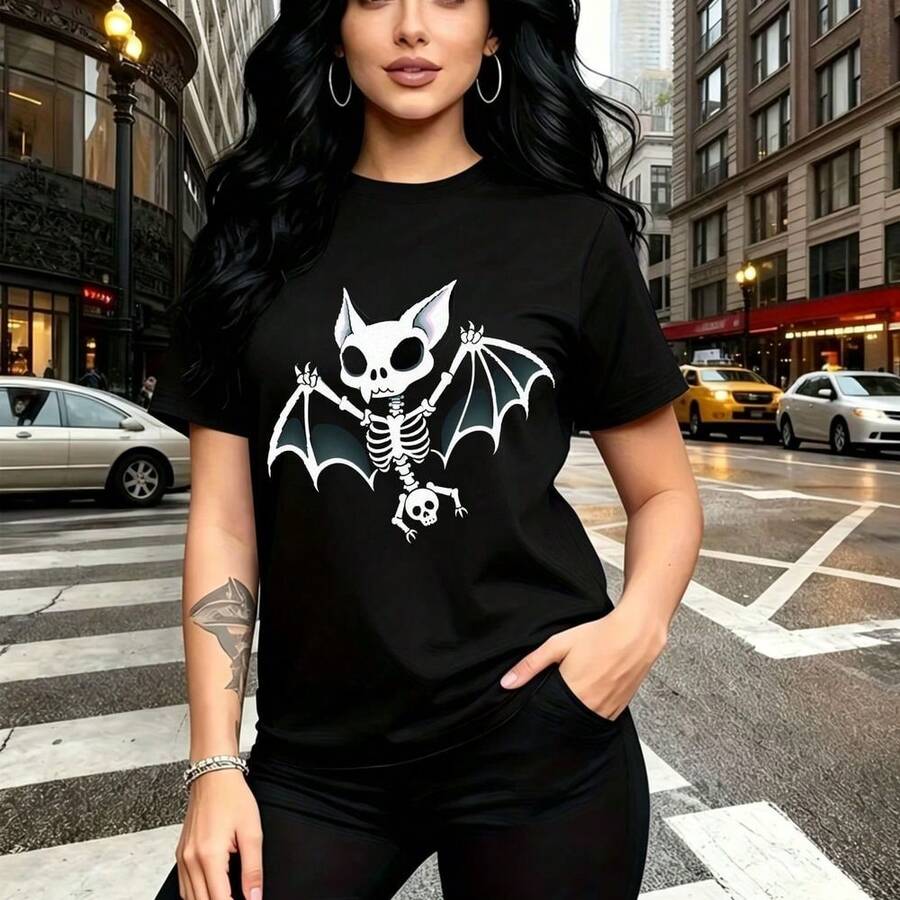 Camiseta de mujer con estampado de murciélago esquelético blanco sobre fondo negro, diseño gótico tierno y moderno - camiseta casual de manga corta con ajuste cómodo y elegante para el clima cálido mexicano - ideal para paseos urbanos, citas romántic - Negro - Ver 1