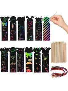 56pcs Cute Animal Shaped Scratch Bookmarks, Butterfly And Animal Face Scratch Bookmark Set (Includes Ribbon And Scratch Pen), Rainbow Effect, Back To School, Classroom Rewards And Reading Incentives, Suitable For Birthday Party Gifts And School Project DIY Crafts (Random Style Delivery) - Butterfly Animal Bookmarks - View 1