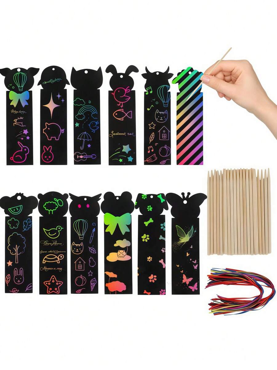 56pcs Cute Animal Shaped Scratch Bookmarks, Butterfly And Animal Face Scratch Bookmark Set (Includes Ribbon And Scratch Pen), Rainbow Effect, Back To School, Classroom Rewards And Reading Incentives, Suitable For Birthday Party Gifts And School Project DIY Crafts (Random Style Delivery) - Butterfly Animal Bookmarks - View 1
