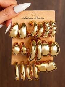 NAIZHU 3/9 Pairs Set European And American Fashionable Metallic Water Drop Geometric C-Shaped Earrings, Suitable For Daily Wear, Dates, Parties - Gold - View 12