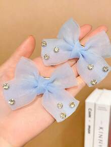 2pcs Girls Multicolor Faux Pearl Bow Hair Clips - Blue and White - View 4