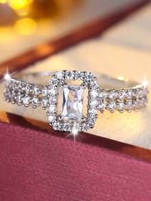 1pc Minimalist Cubic Zirconia Open Ring, Luxury Refined Sugar Cube Design, Unique Daily Wear Accessory - JZ22100 - View 4