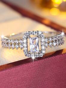 1pc Minimalist Cubic Zirconia Open Ring, Luxury Refined Sugar Cube Design, Unique Daily Wear Accessory - JZ22100 - View 8