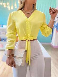 Blusa elegante y versátil con nudo delantero de unicolor para mujer, apta para uso casual, en el hogar, para ir al trabajo y en citas, color negro, primavera - Amarillo - Ver 1
