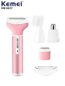 Kemei KM-6637 4合1女性電動刮鬍刀、眉毛修剪器、唇毛除毛器、鼻毛修剪器，防水適用於腋下、比基尼、腿部，USB充電式便攜電動除毛器，適合居家、旅行與商務 - 粉色 - 查看 1