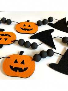 Halloween Pumpkin Ribbon Decorations, Witch Hat Bead Hanging Ornaments, Feather Pumpkin Ribbon Decorations, Witch Hat Ribbon Decorations - Multicolor - View 2