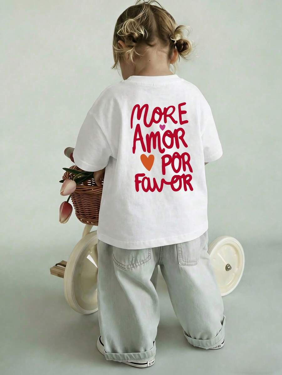 女婴夏季新款短袖T恤，简约百搭，创意“More Amor Por Favor”爱心字母印花，休闲宽松透气儿童户外日常服装 - 白色 - 查看 1