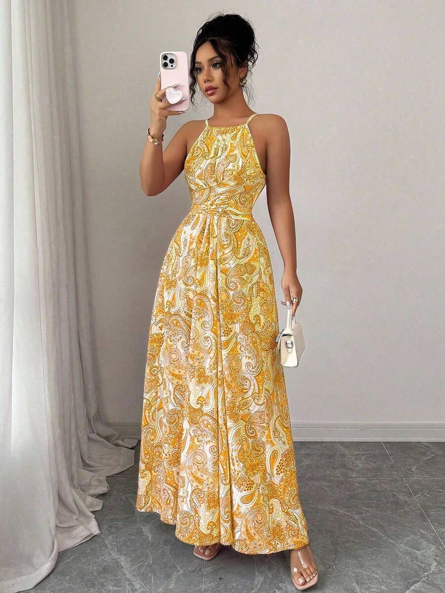 Vestido de mujer sin mangas con cuello de halter, cintura ceñida y dobladillo acampanado con estampado - Amarillo - Ver 1