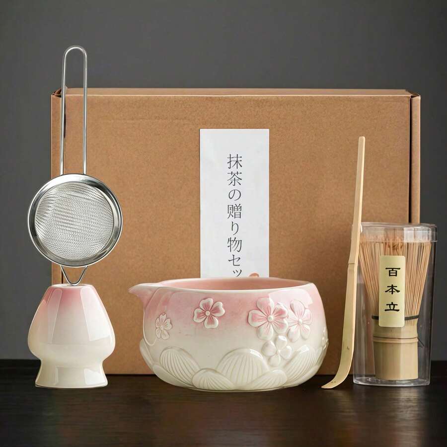 1 pieza/5pcs Juego de Té Matcha con Degradado Sakura, Incluye Tazón Matcha, Batidor Matcha, Taza Matcha, Palito para Mezclar, Cuchara de Té, Juego de Tazón de Té, Herramientas para Preparar Matcha, Herramientas para Hacer Postres y Bebidas, Caja de Regalo Estilo Japonés, Juego de Mezcla Matcha Matsudai - Multicolor - Ver 1