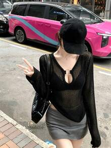 女款性感極簡不對稱肩貼身休閒修身套頭長袖薄針織上衣，適合夏季黑色 - 黑色 - 查看 3