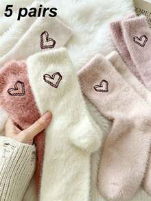 1/5 Pairs Women's Comfortable Heart Plush Socks, Soft Fluffy Warm Mid-Calf Socks, Suitable For Winter, Casual - Multicolor - View 10