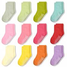 ELUTONG Baby Girls Grip Socks Toddler Non Slip Socks Kids Anti-Skid Crew Colorful Socks With Gripper 12 Pairs For 0-10 Years - #2 多色 - 查看 3
