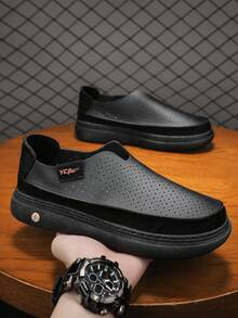 Men's Breathable Comfortable Perforated Casual Shoes, Versatile Slip-On Loafers, Suitable For Summer, Work, Travel, Driving - Black - View 2