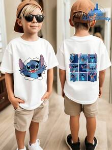 Disney Boys' Summer Casual Versatile Crew Neck Pullover, Double-Sided Lilo & Stitch (Stitch) Checkerboard Pattern, Dopamine Outfit For Teens, Comfortable And Soft Fabric, Moisture-Wicking, Suitable For Sports And Daily Wear, Holiday And Birthday Gift - 白色 - 查看 1