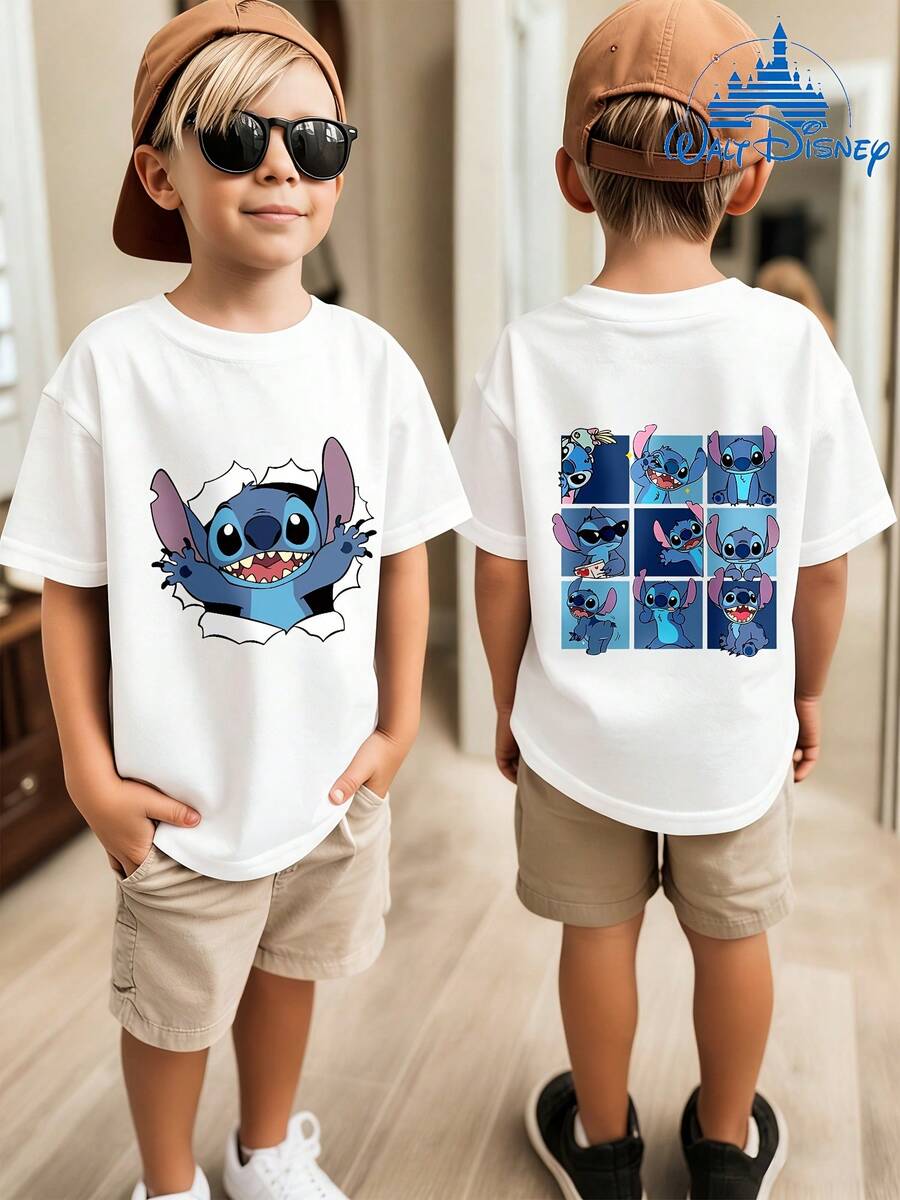 Disney Boys' Summer Casual Versatile Crew Neck Pullover, Double-Sided Lilo & Stitch (Stitch) Checkerboard Pattern, Dopamine Outfit For Teens, Comfortable And Soft Fabric, Moisture-Wicking, Suitable For Sports And Daily Wear, Holiday And Birthday Gift - 白色 - 查看 1