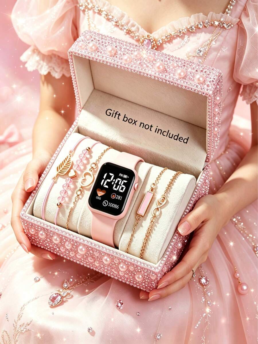 6/5pcs Kids Elegant Fashion Delicate LED Digital Display Electronic Watch, Paired With Leaf Bracelet Set, Suitable For Kids Birthday/Holiday Gifts, Kids Daily Wear Jewelry, Perfect For Kids Vacation, Back To School, Party, Travel Decor, Kids Ideal Gift, Great For Kids Valentine's Day (No Gift Box) - Multicolor - View 1
