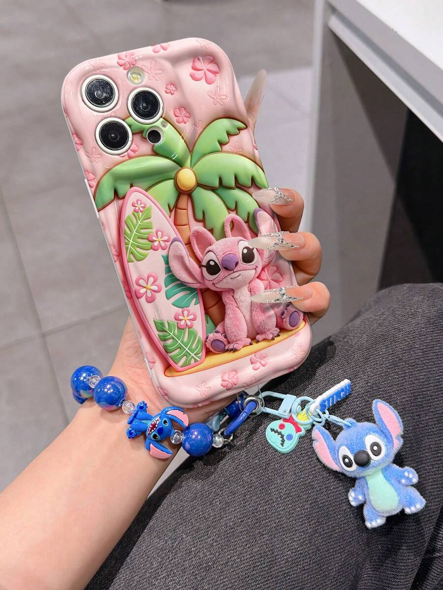 Disney Has Authorized, Phone Case - Chain Set, The Stitch Lilo & Stitch 3D Phone Case Plus A Silicone 3D Stitch Bracelet With Metallic Ring Removable Bracelet, Stitch And Angel Pattern, Compatible With Iphone17/16/15/14/13/12/11/XS/XR/X Plus Pro Max, A Stylish Cartoon Phone Case, The Perfect Gift Choice, Phone Protection, Durable Phone Cover, Great Gift For Friends And Family. - trắng - Xem 1