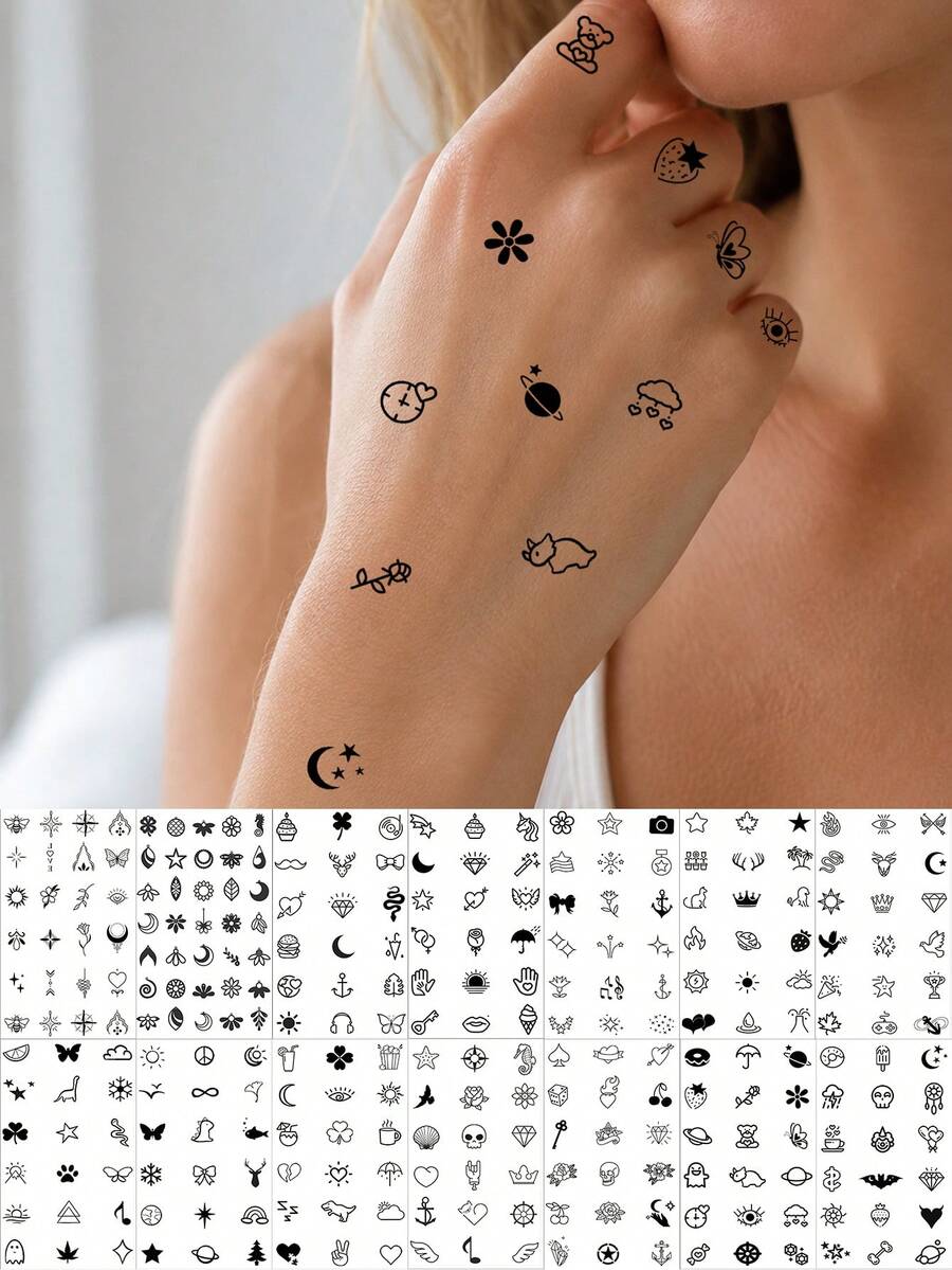 14入組紋身貼紙，手指紋身、手掌紋身、頸部紋身貼紙，Y2k、龐克風，半永久紋身，假紋身，手部紋身，臨時紋身，紋身貼紙，防水持久紋身，女性適用，背部紋身、手臂紋身、腿部紋身