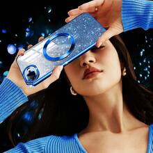 1pc Hadaasi Sapphire Blue Electroplated Magnetic Gradient Rhinestone Paper Brushed Space Case With Built-In Lens Protector Film, 2-In-1 Ultra-Thin Phone Case Compatible With Apple 17E/17Pro/17ProMax/Air/17/16Pro/16ProMax/16Plus/16/15Pro/15ProMax/15Plus/15/14Pro/14ProMax/14Plus/14/13Pro/13ProMax/13/12Pro/12ProMax/12/11ProMax/11/11Pro - Royal Blue - View 8