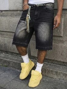 Schlamm-Gelbe Denim-Shorts in Knielänge mit Distressed-Effekt und rohem Saum, Heavy-Wash-Distressed-Verfahren mit natürlicher melierter und verblasster Textur, natürlich verstreutes Design mit rohem Saum, Vintage Street lässig Shorts - Schwarz - Übersicht 3