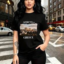 Camiseta de mujer con estampado del Acrópolis de Atenas, Grecia - diseño urbano con texto "ATHENS GREECE", ajuste cómodo y fresco para el clima cálido - ideal para paseos por la ciudad, viajes y como regalo perfecto para mamá, esposa, novia, hermana - Negro - Ver 11