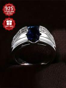 1pc 925 Sterling Silver Ring, Inlaid With Exquisite Square Blue Cubic Zirconia, Size 6-11, Comes With Gift Box - Silver - View 6