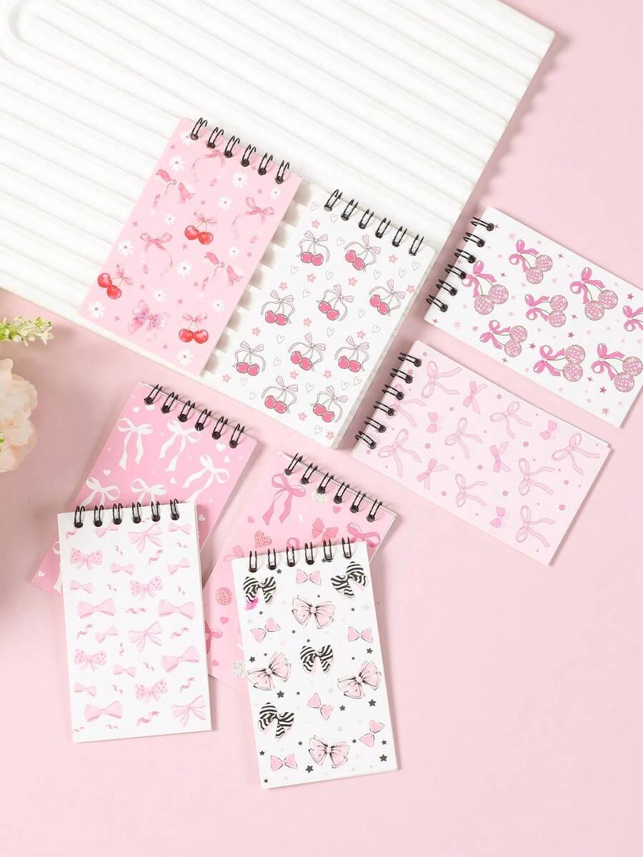 8入 6*10cm 粉色蝴蝶結與櫻桃混款小螺旋筆記本，適合嬰兒洗禮、性別揭曉派對、生日派對、教室獎勵、托兒所派對等場合的小禮物填充物