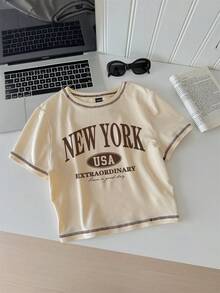 Camiseta de manga corta recortada y entallada con cuello redondo y estilo gráfico minimalista casual de Nueva York, para verano - Albaricoque - Ver 1