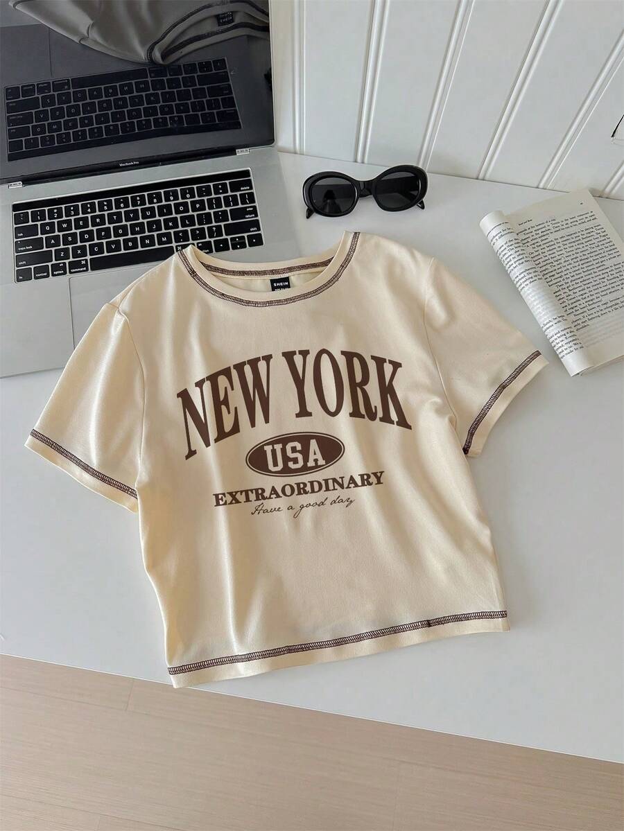 Camiseta de manga corta recortada y entallada con cuello redondo y estilo gráfico minimalista casual de Nueva York, para verano - Albaricoque - Ver 1
