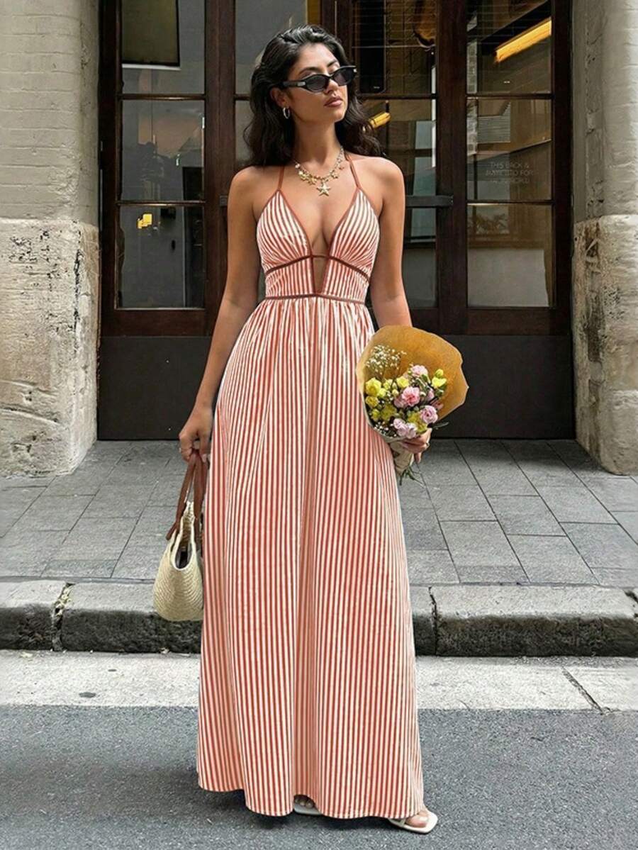 Vestido Cuello Halter Espalda Descubierta Rayas Disponible en Múltiples Colores - Naranja Quemada - Ver 1