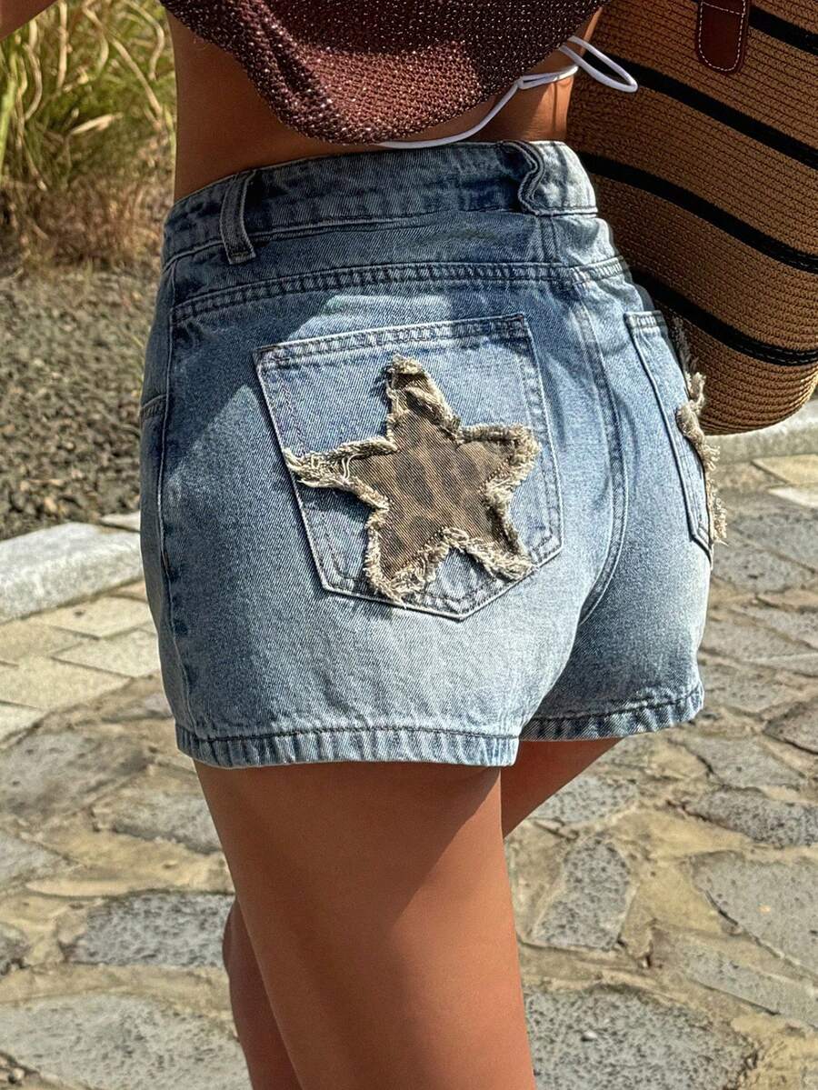 Jeans de pierna recta con decoración de bolsillo con estrella para mujer, estilo casual de calle Y2K - Lavado ligero 2 - Ver 1