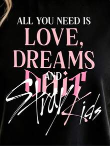 1PC New Y2K Vintage Streetwear Graphic Tee Men'S S-Tray Kids Concert T-Shirt - All You Need Is Love & SKZ Graphic Print, Casual Crew Neck Tee With Slight Stretch, Regular Fit Anime Manga Top For Streetwear, Gym, And Kawaii Fashion - Black - View 9