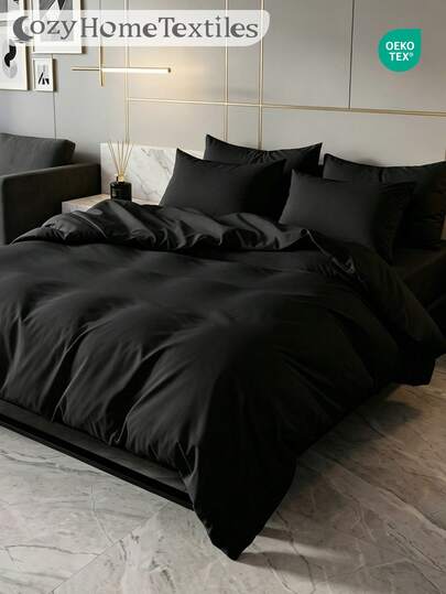2/3 piezas Juego de Edredón Negro Sólido, Cómodo y Transpirable de Tacto Suave, Estilo Minimalista, Anti-Pelusas, Textil para el Hogar, Juego de Edredón Negro, Excluye el Edredón, Apto para Camas Individuales, Dobles, Queen, King, Todas las Estaciones, Juego de Edredón Decorativo de Moda, Aplicable para Dormitorio, Dormitorio, Lavable a Máquina, Decoración de Habitación, Certificado Oeko-Tex