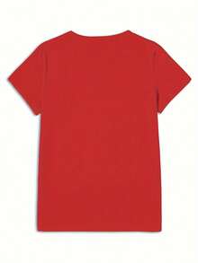 Camiseta de manga corta con cuello redondo para mujer, con estampado de rosas y tacones altos, estilo casual perfecto para primavera y verano. - Rojo - Ver 3