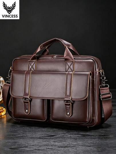  VINCESS Men's Business Leather Briefcase, Suitable For Laptop Or Tablet, Handheld Or Shoulder Carry, Fashionable Business Design, Applicable For Various Occasions Such As Business Trip And Office, Large Capacity Genuine Leather Bag